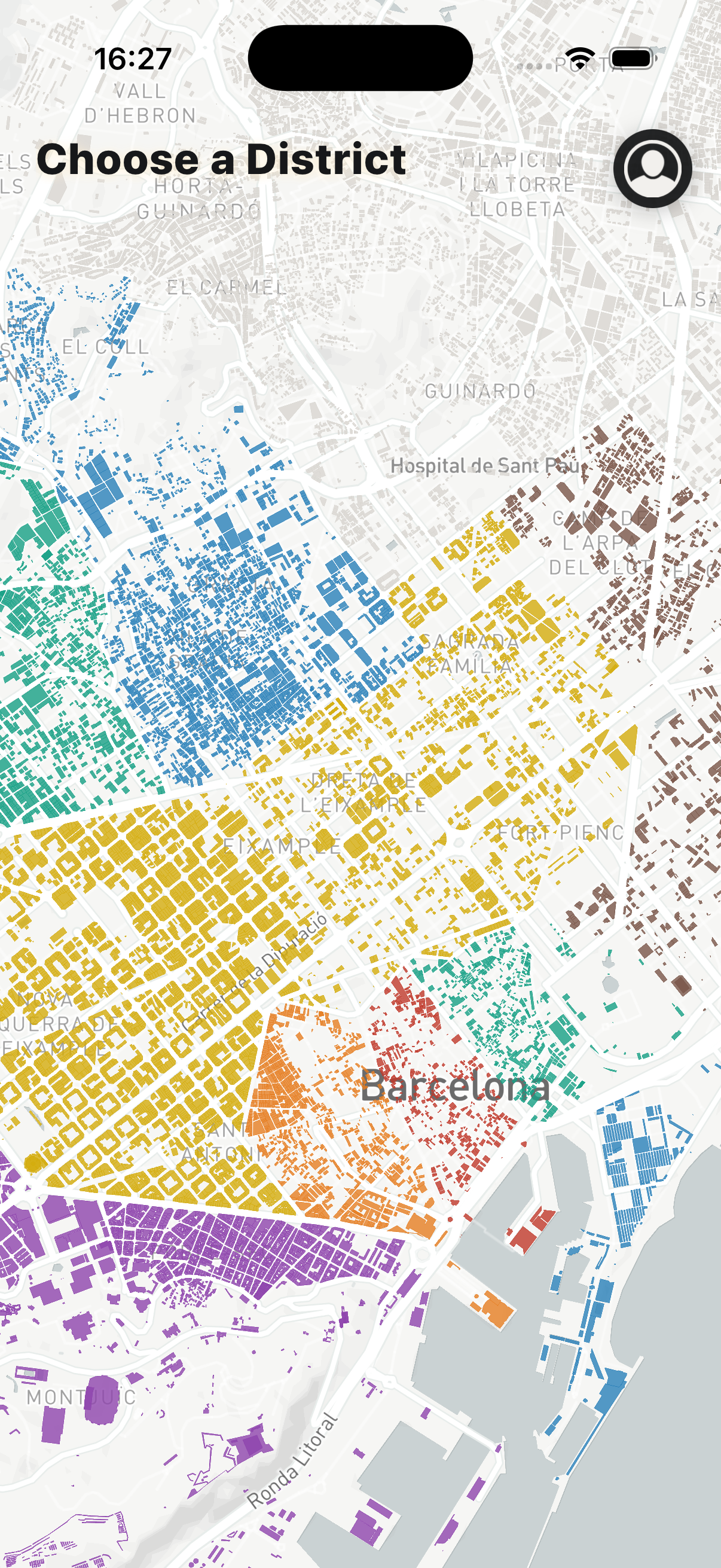 Map of Barcelona with each district's buildings in its own colour