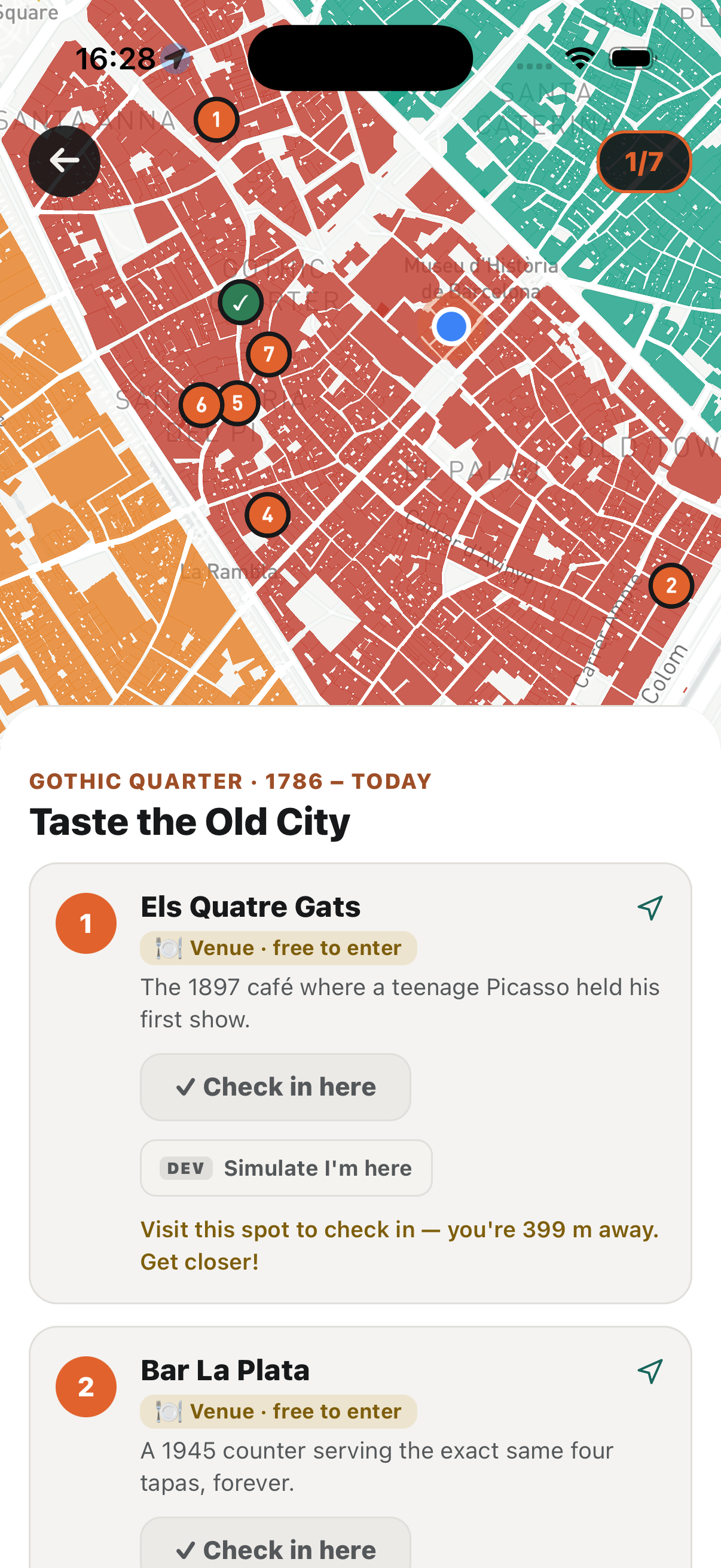 A stop opened on the map, with its story